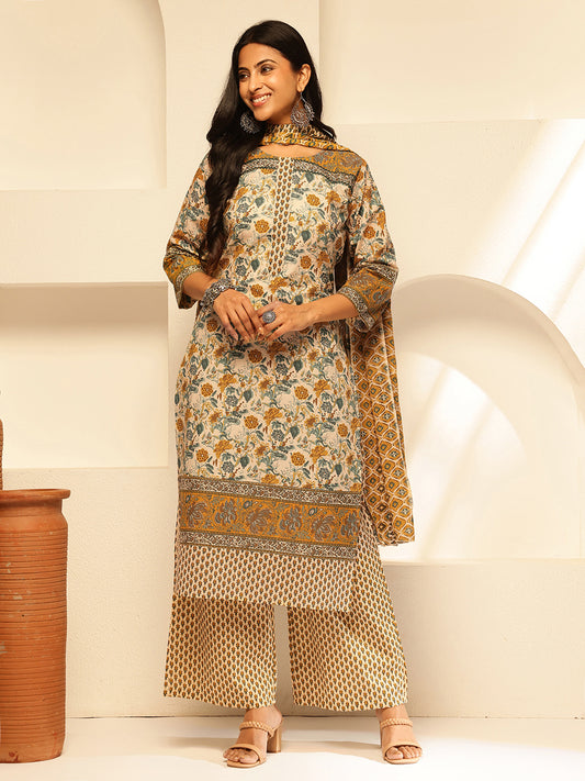 Mustard Cotton Floral Print Straight Kurta Set