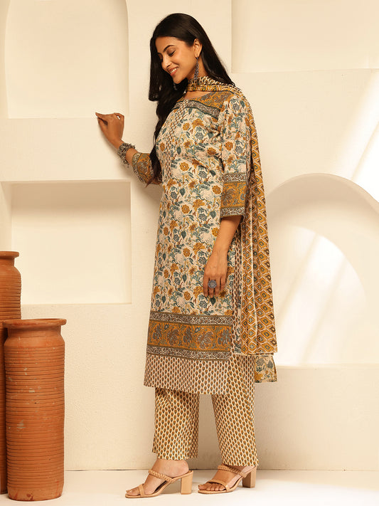 Mustard Cotton Floral Print Straight Kurta Set