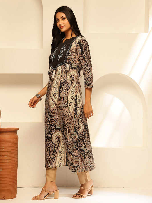 Black Paisley Print Anarkali Cotton Kurta