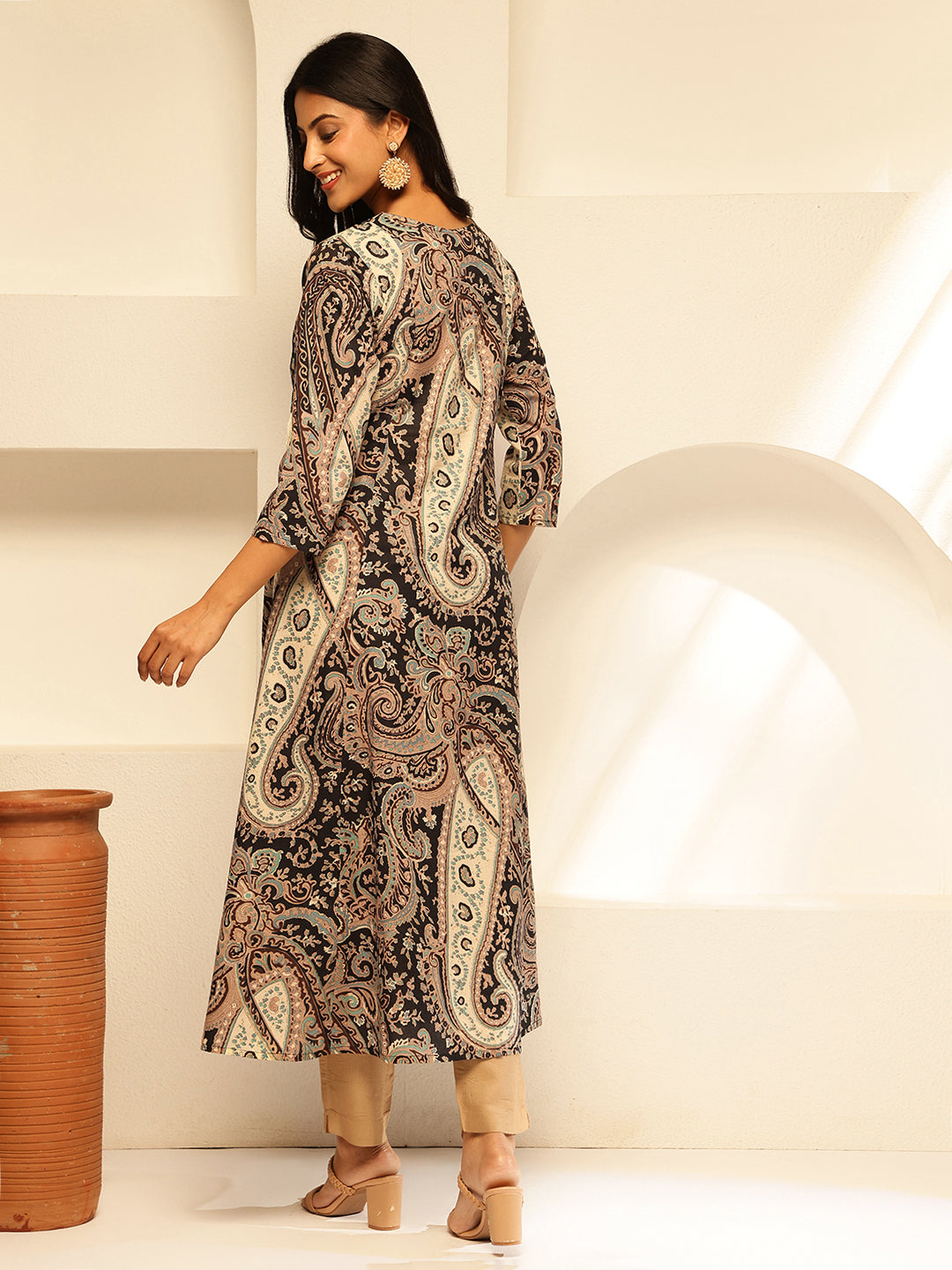 Black Paisley Print Anarkali Cotton Kurta