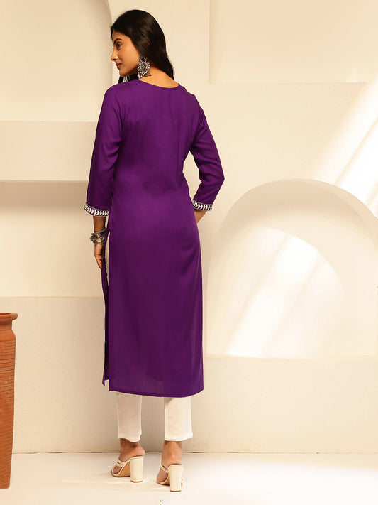 Purple Solid Embroidery Straight Rayon Kurta