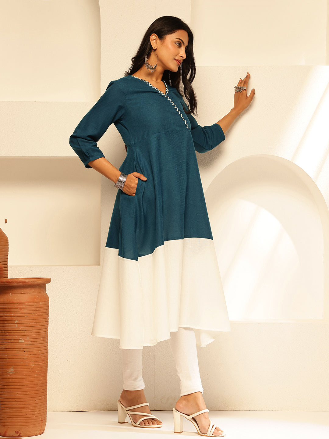 Peacock Blue Solid A-Line Cotton Slub Kurta