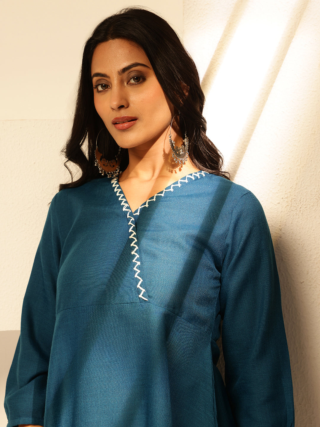 Peacock Blue Solid A-Line Cotton Slub Kurta