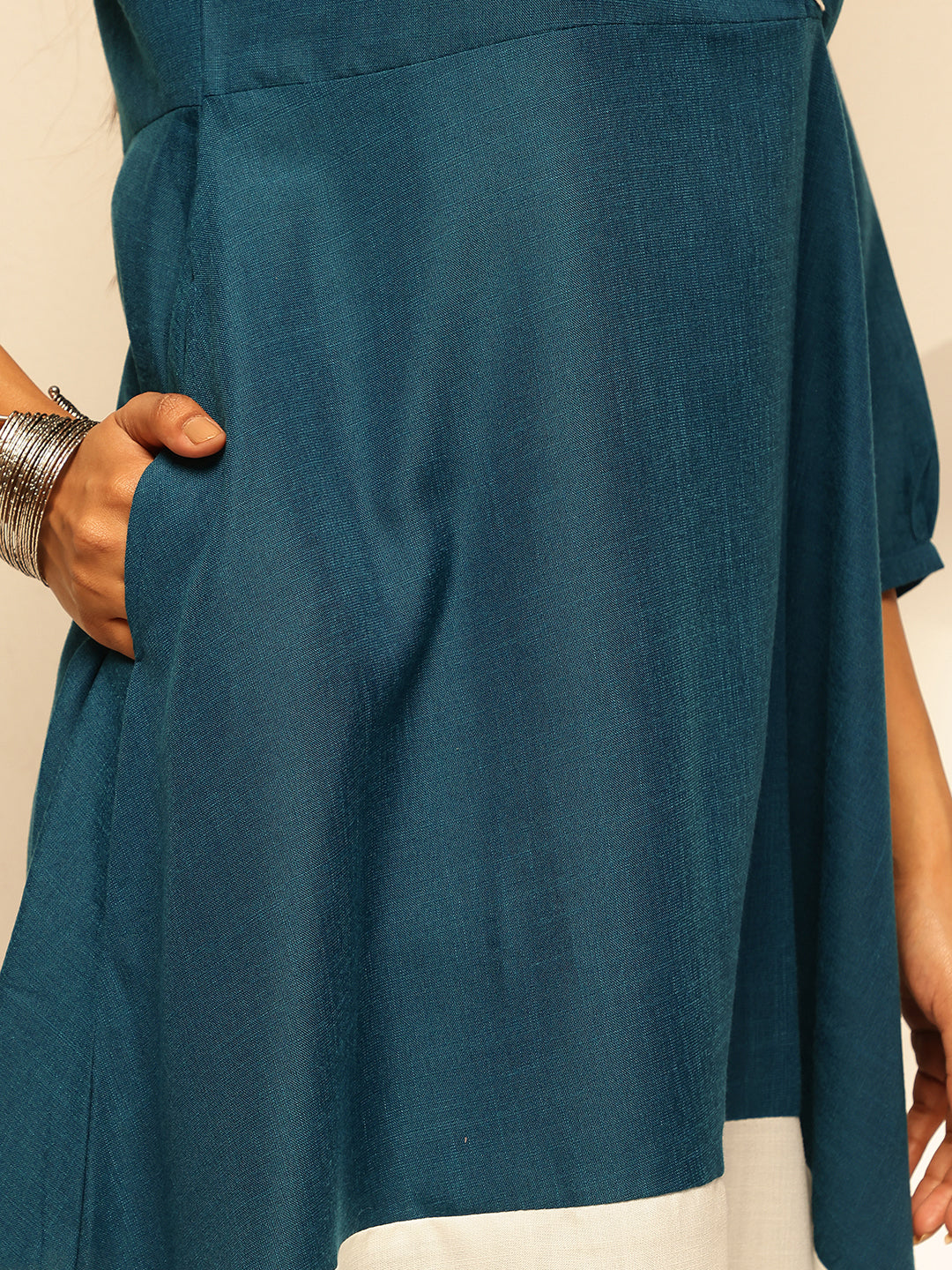 Peacock Blue Solid A-Line Cotton Slub Kurta