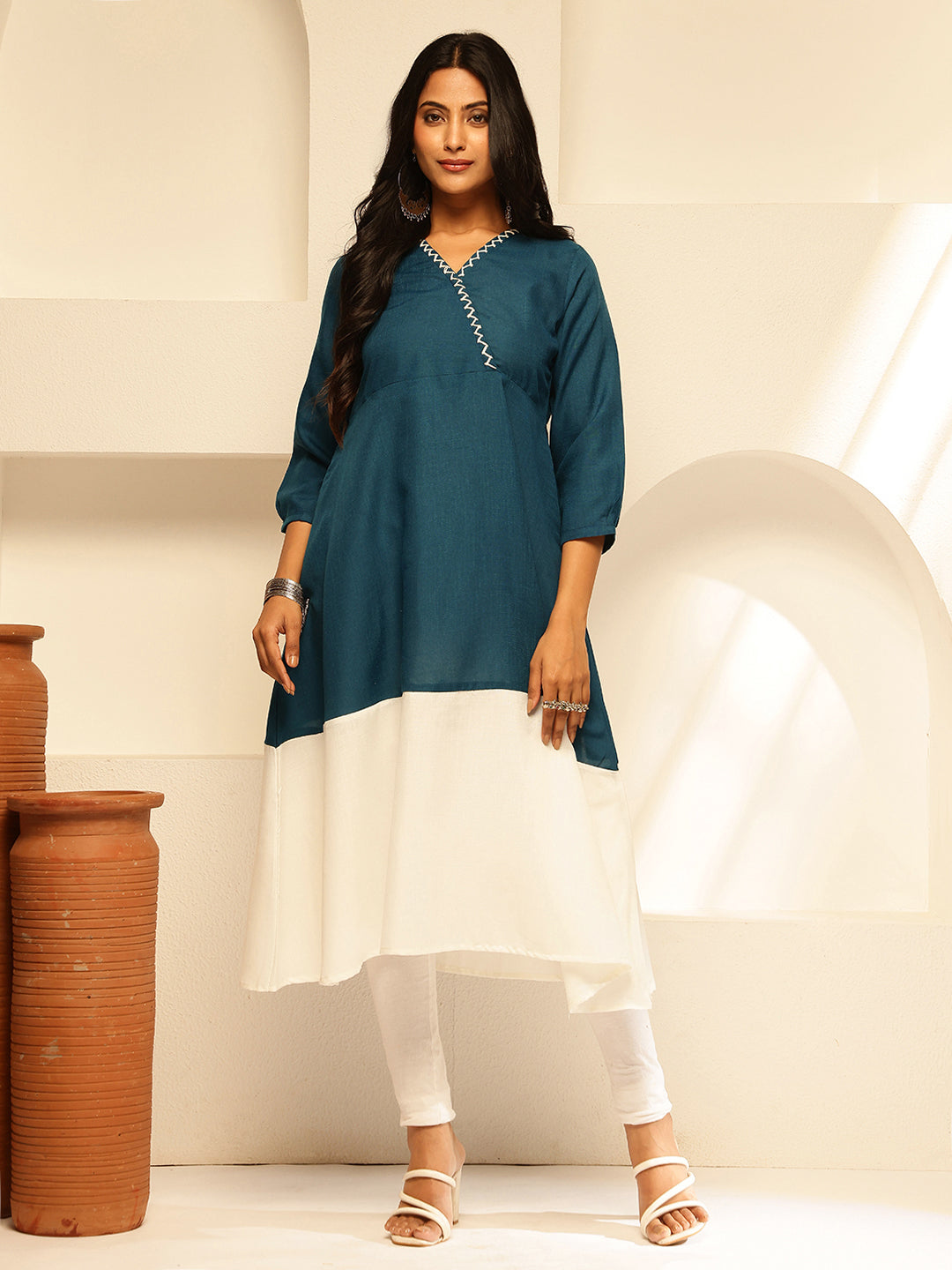 Peacock Blue Solid A-Line Cotton Slub Kurta