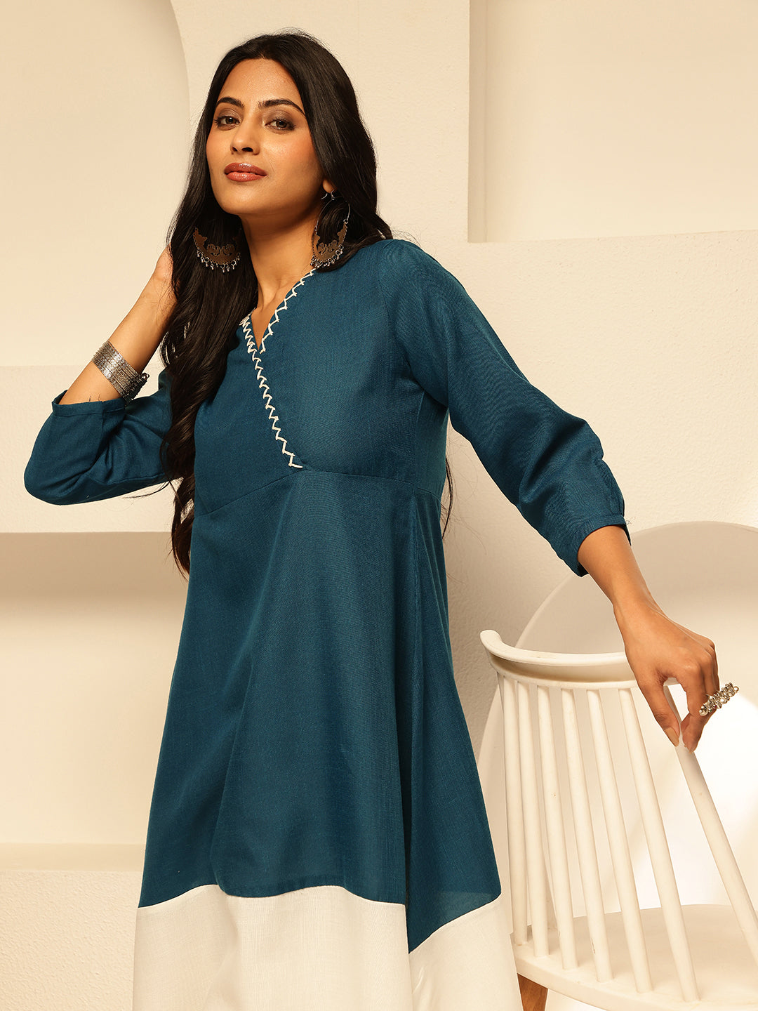 Peacock Blue Solid A-Line Cotton Slub Kurta