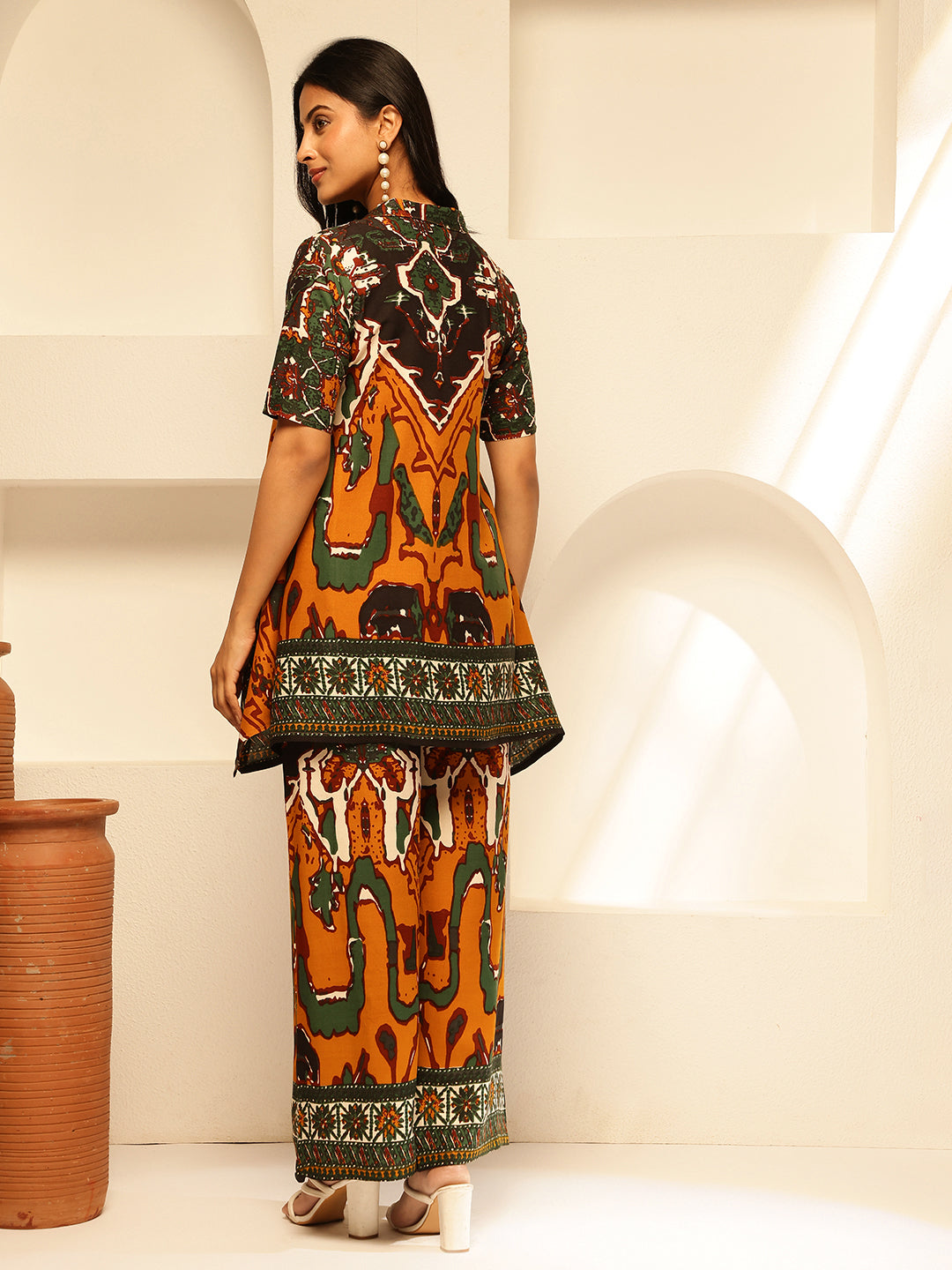 Mustard Rayon Abstract Print Fit and Flare Co-Ord Set