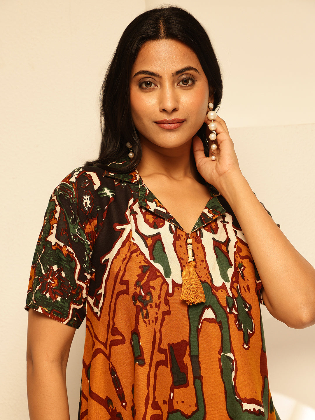 Mustard Rayon Abstract Print Fit and Flare Co-Ord Set