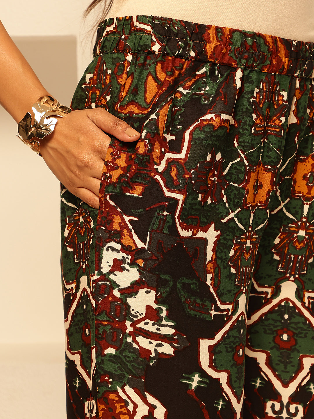 Mustard Rayon Abstract Print Fit and Flare Co-Ord Set