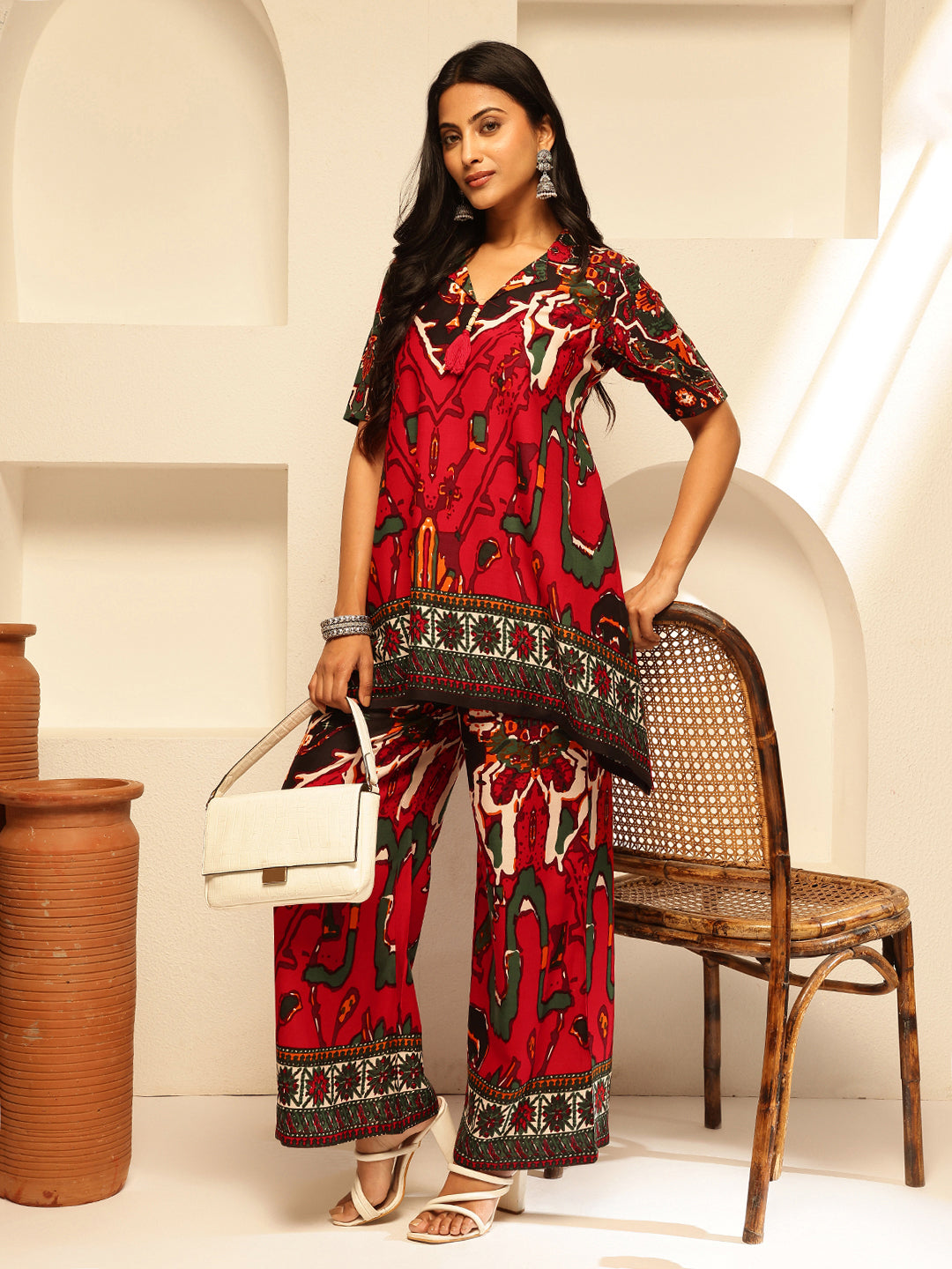 Red Rayon Abstract Print Fit and Flare Co-Ord Set
