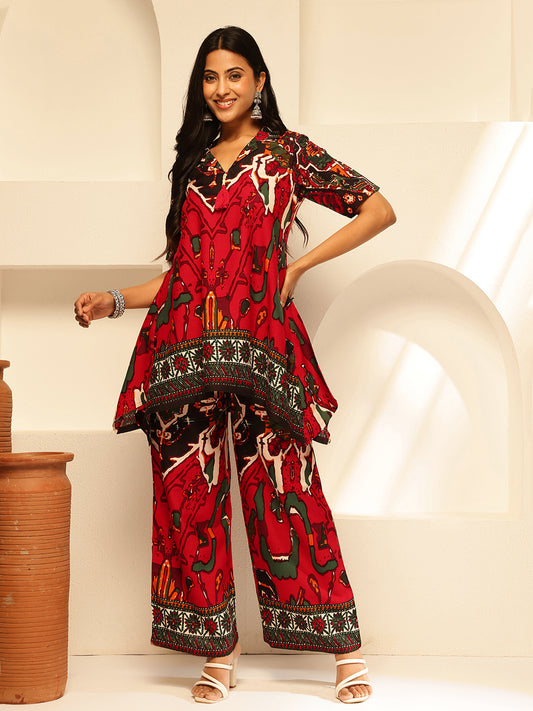 Red Rayon Abstract Print Fit and Flare Co-Ord Set