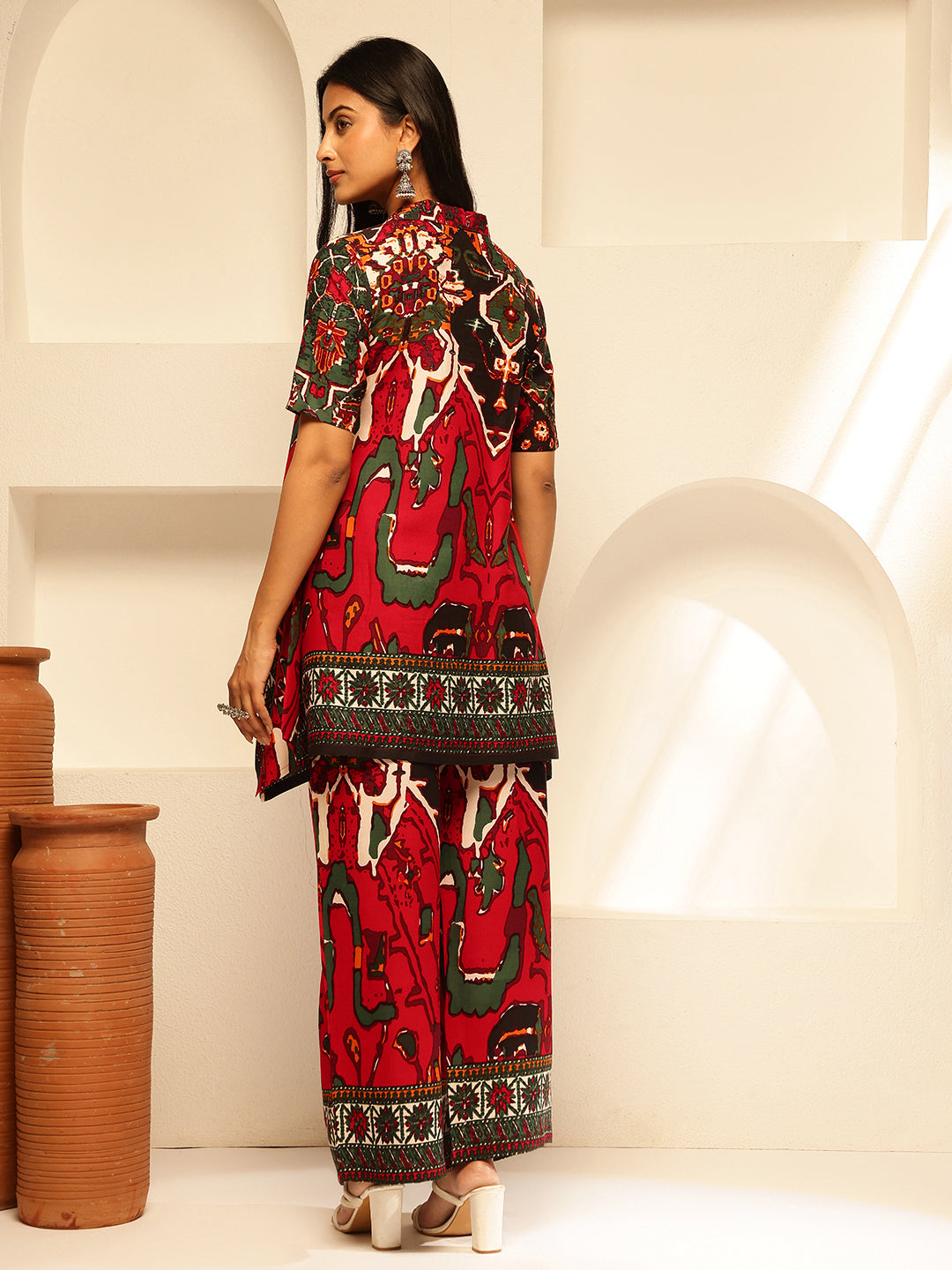 Red Rayon Abstract Print Fit and Flare Co-Ord Set