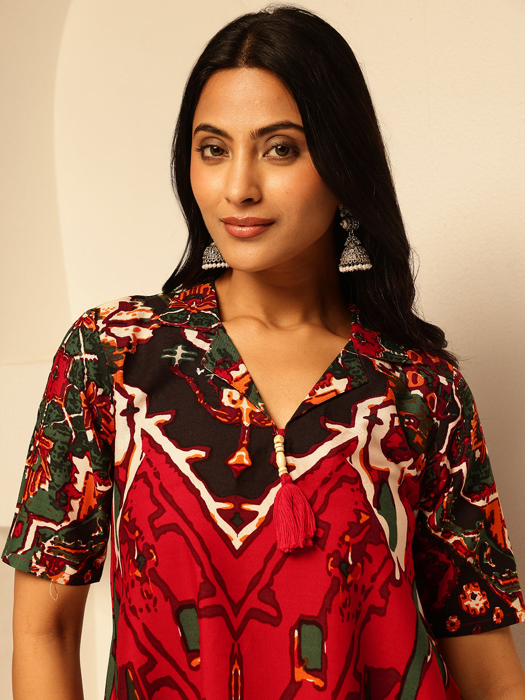 Red Rayon Abstract Print Fit and Flare Co-Ord Set