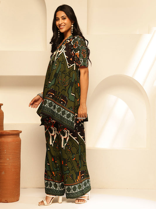 Mehendi Rayon Abstract Print Fit and Flare Co-Ord Set