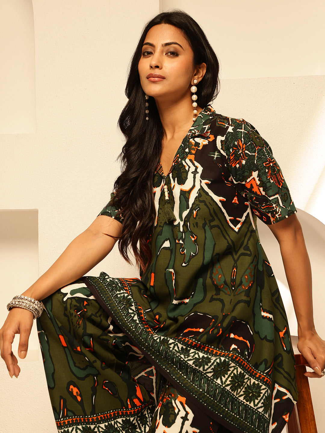 Mehendi Rayon Abstract Print Fit and Flare Co-Ord Set