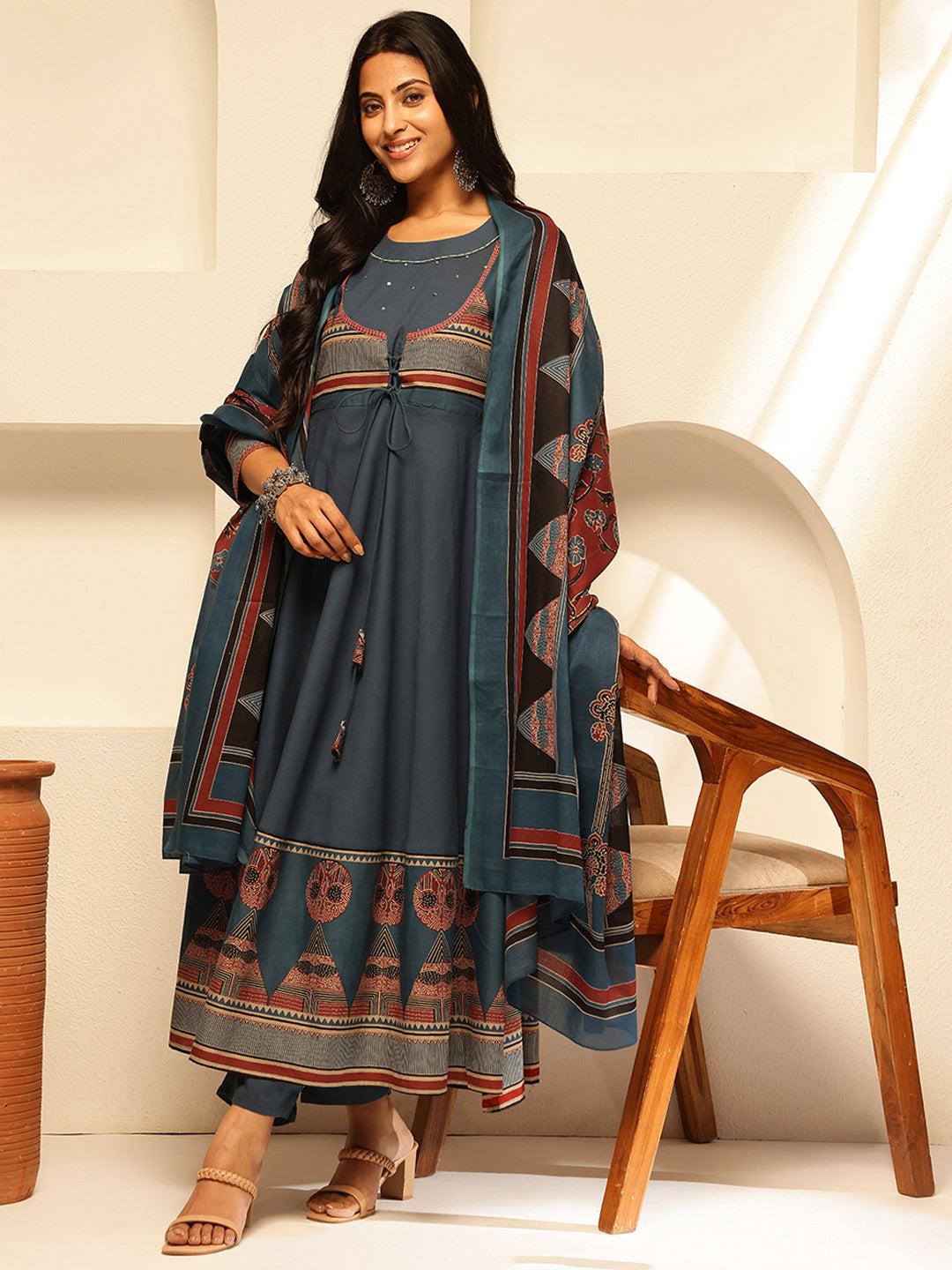 Blue Cotton Geometric Print Anarkali Kurta Set