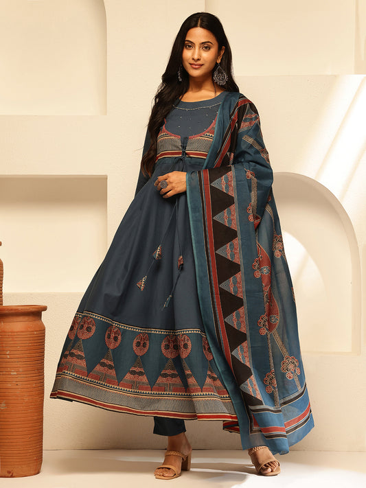 Blue Cotton Geometric Print Anarkali Kurta Set