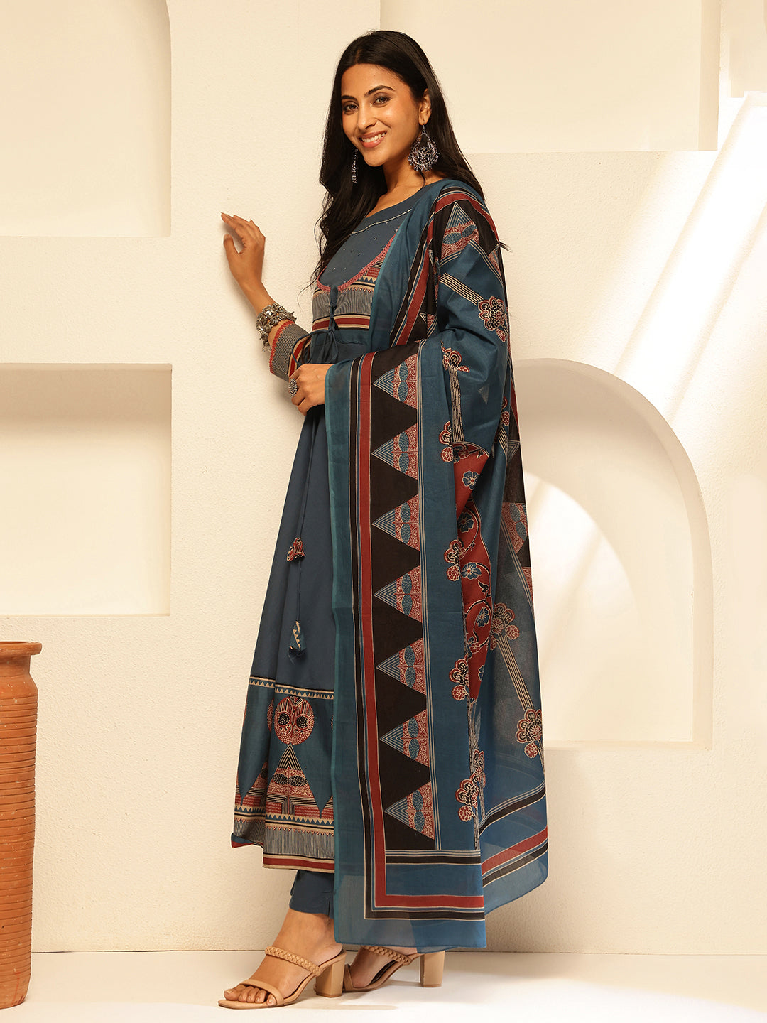 Blue Cotton Geometric Print Anarkali Kurta Set