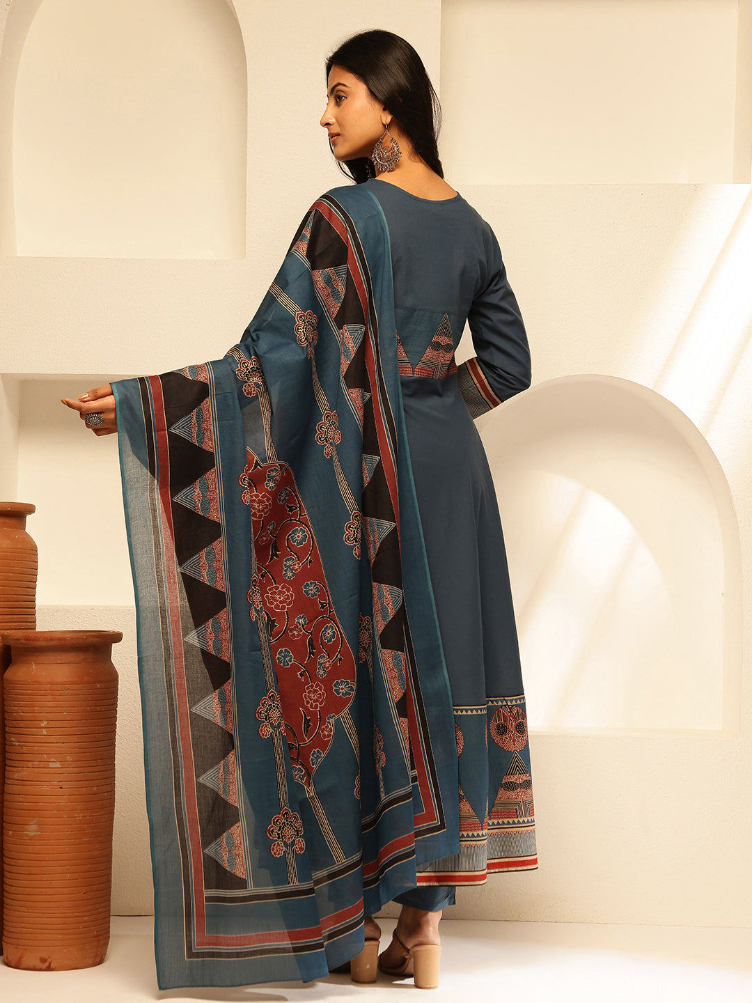 Blue Cotton Geometric Print Anarkali Kurta Set