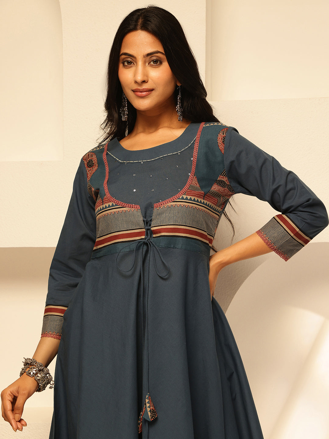 Blue Cotton Geometric Print Anarkali Kurta Set