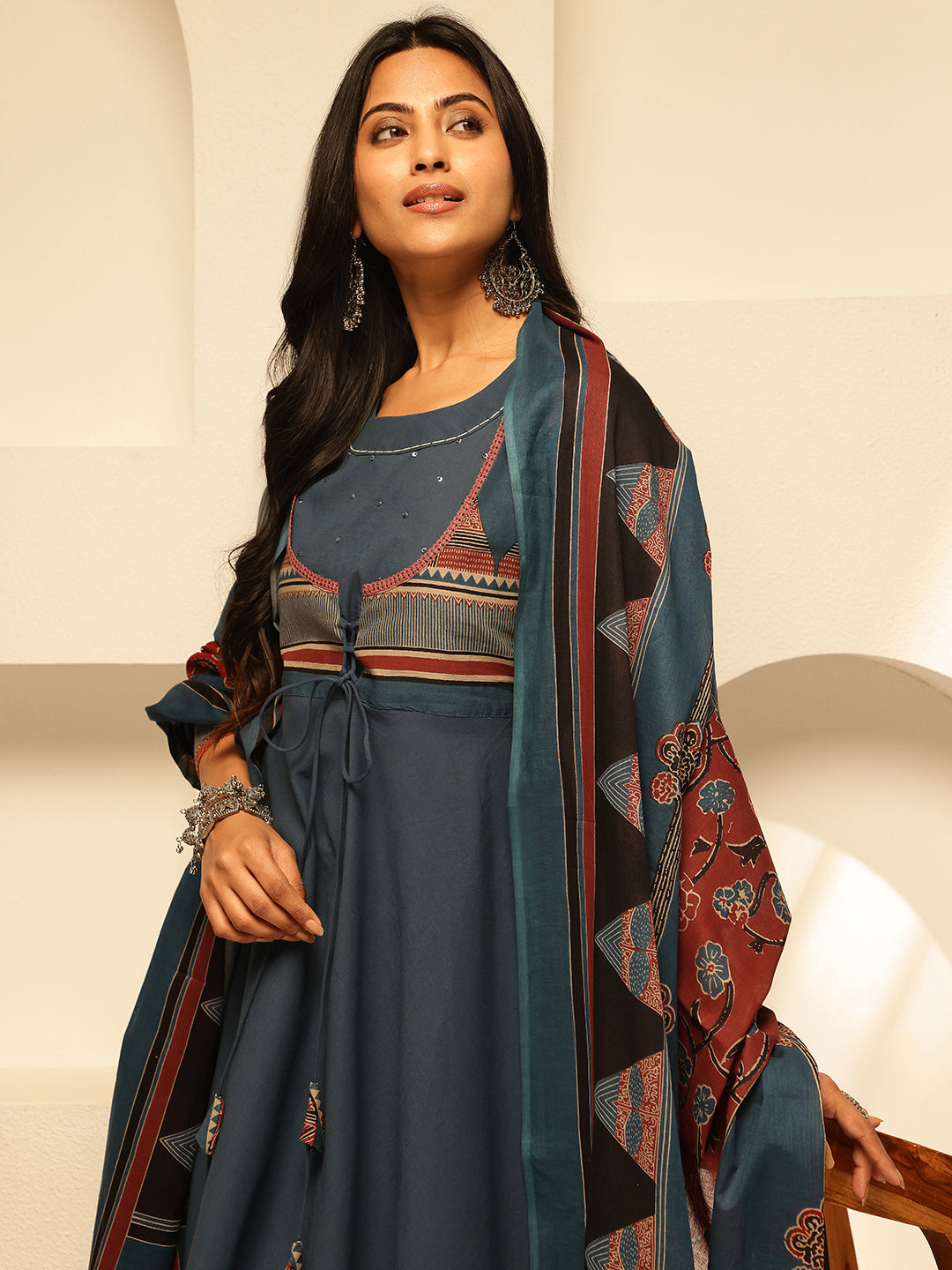 Blue Cotton Geometric Print Anarkali Kurta Set