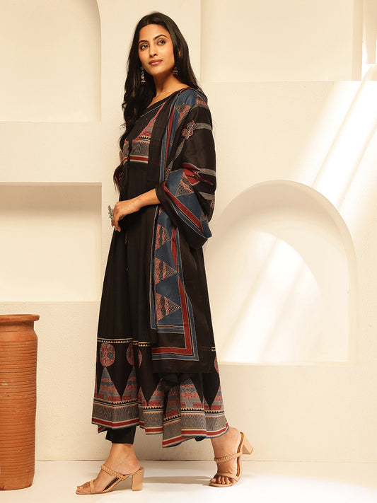 Black Cotton Geometric Print Anarkali Kurta Set