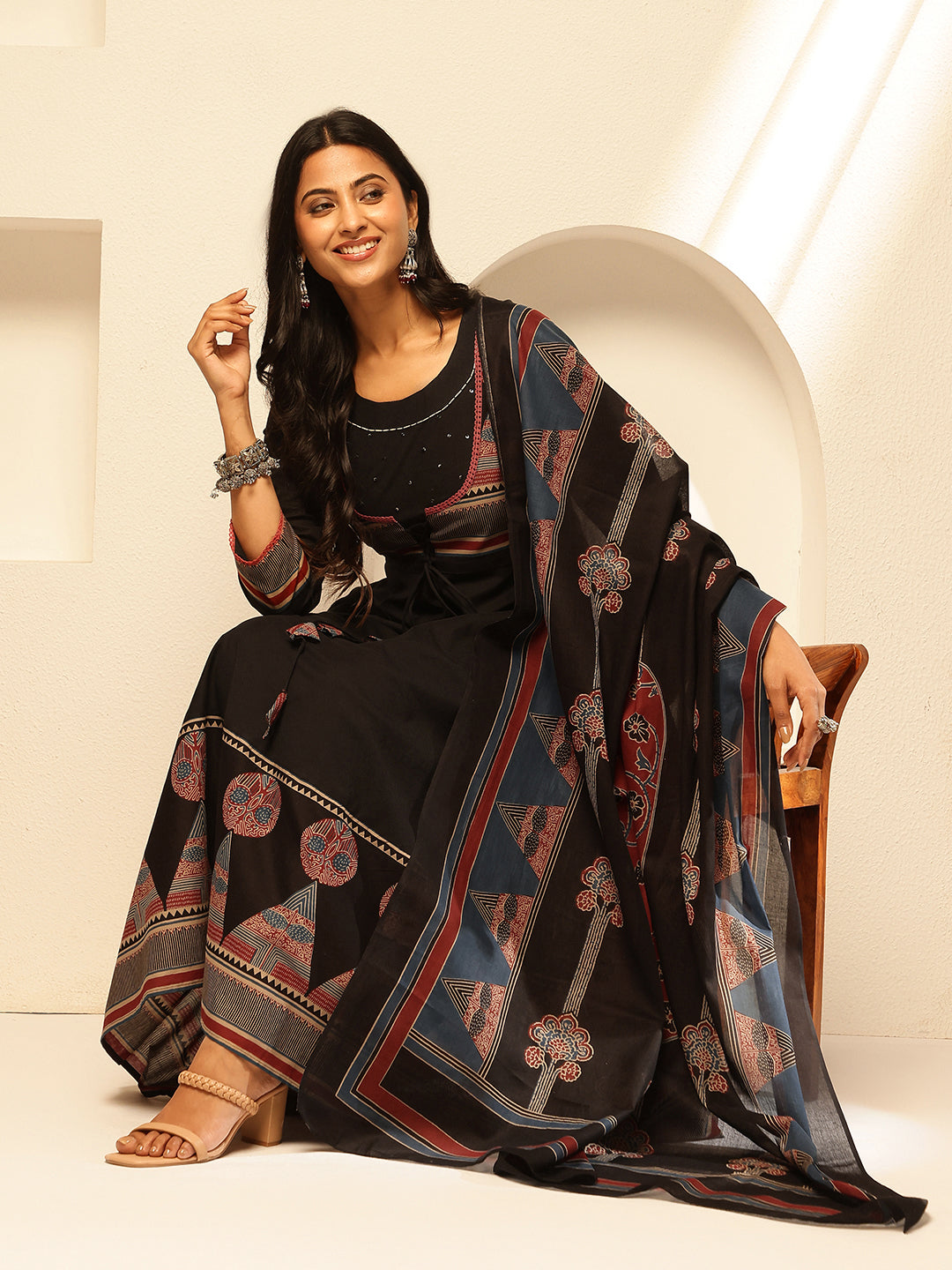 Black Cotton Geometric Print Anarkali Kurta Set