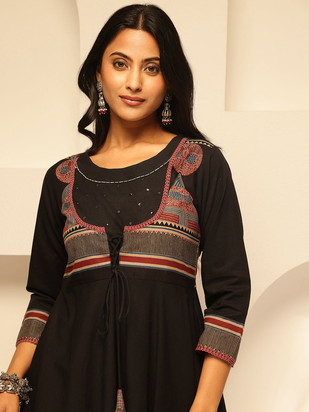 Black Cotton Geometric Print Anarkali Kurta Set