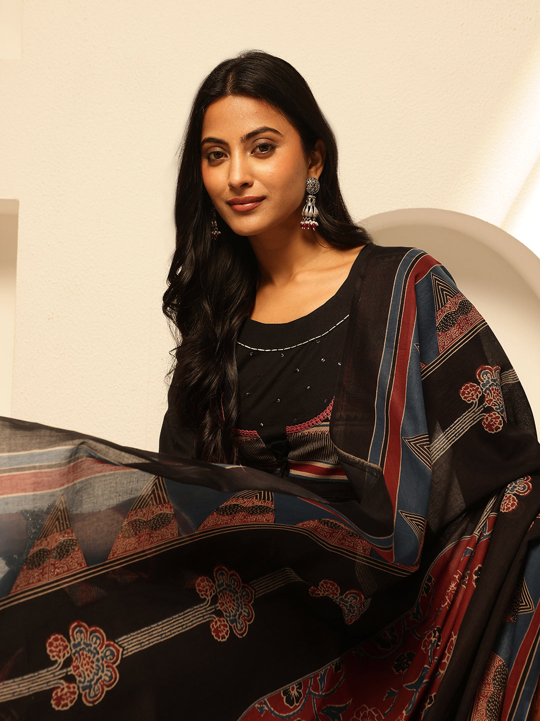 Black Cotton Geometric Print Anarkali Kurta Set