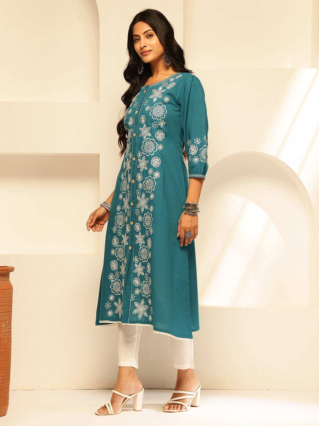 Teal Embroidery A-Line Cotton Kurta