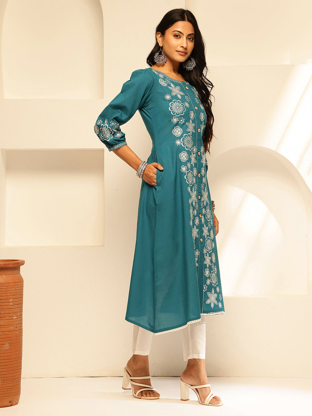 Teal Embroidery A-Line Cotton Kurta