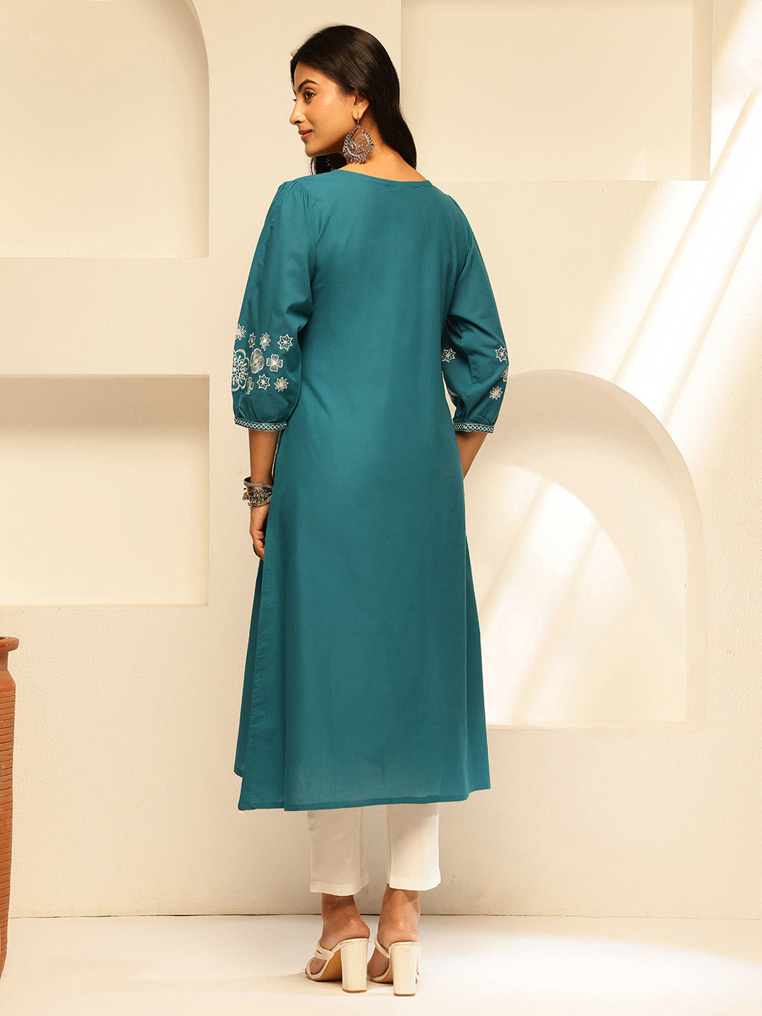 Teal Embroidery A-Line Cotton Kurta