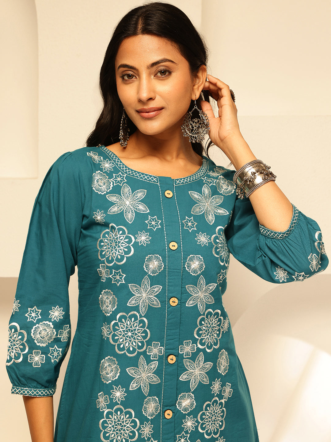 Teal Embroidery A-Line Cotton Kurta