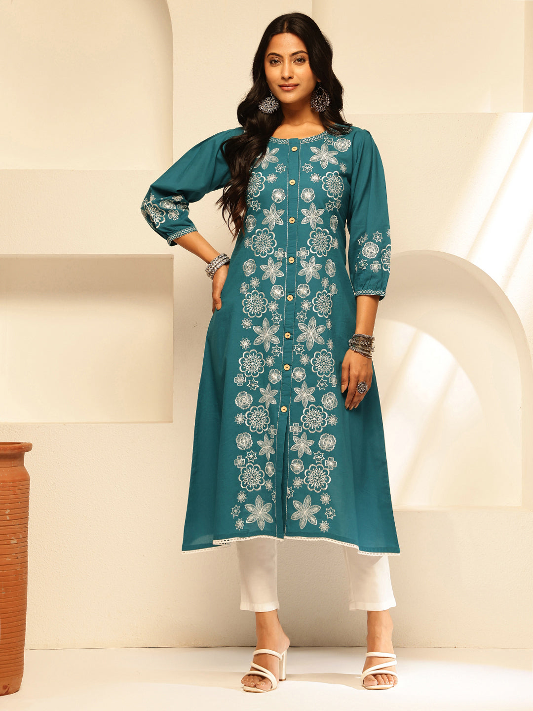Teal Embroidery A-Line Cotton Kurta