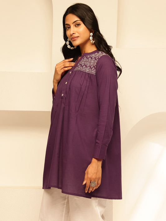 Purple Solid Fit and Flare Cotton Tunic Top