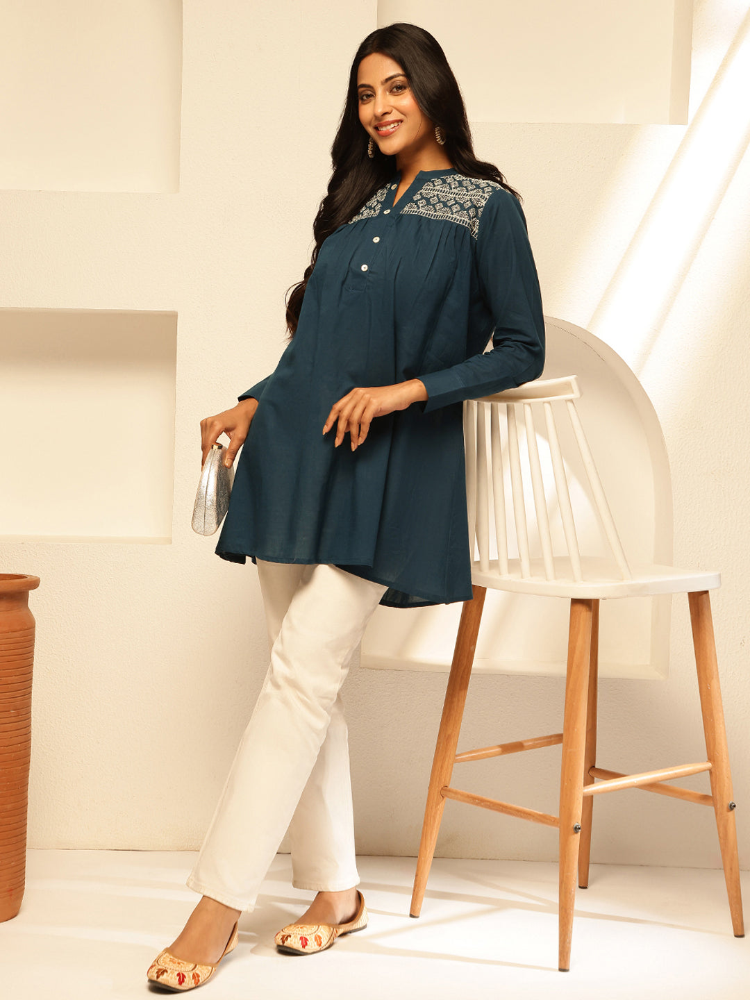 Aqua Blue Solid Fit and Flare Cotton Tunic Top