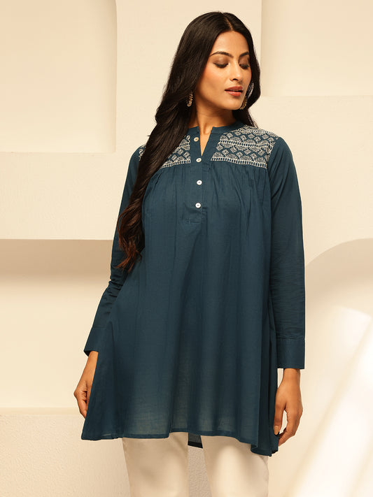 Aqua Blue Solid Fit and Flare Cotton Tunic Top