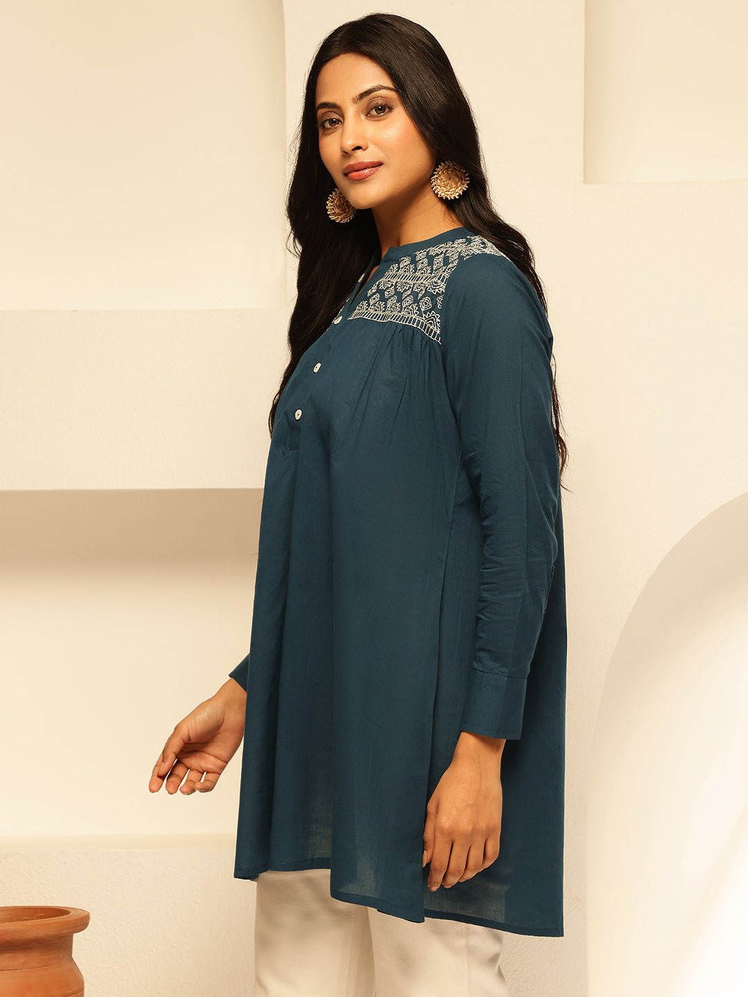 Aqua Blue Solid Fit and Flare Cotton Tunic Top