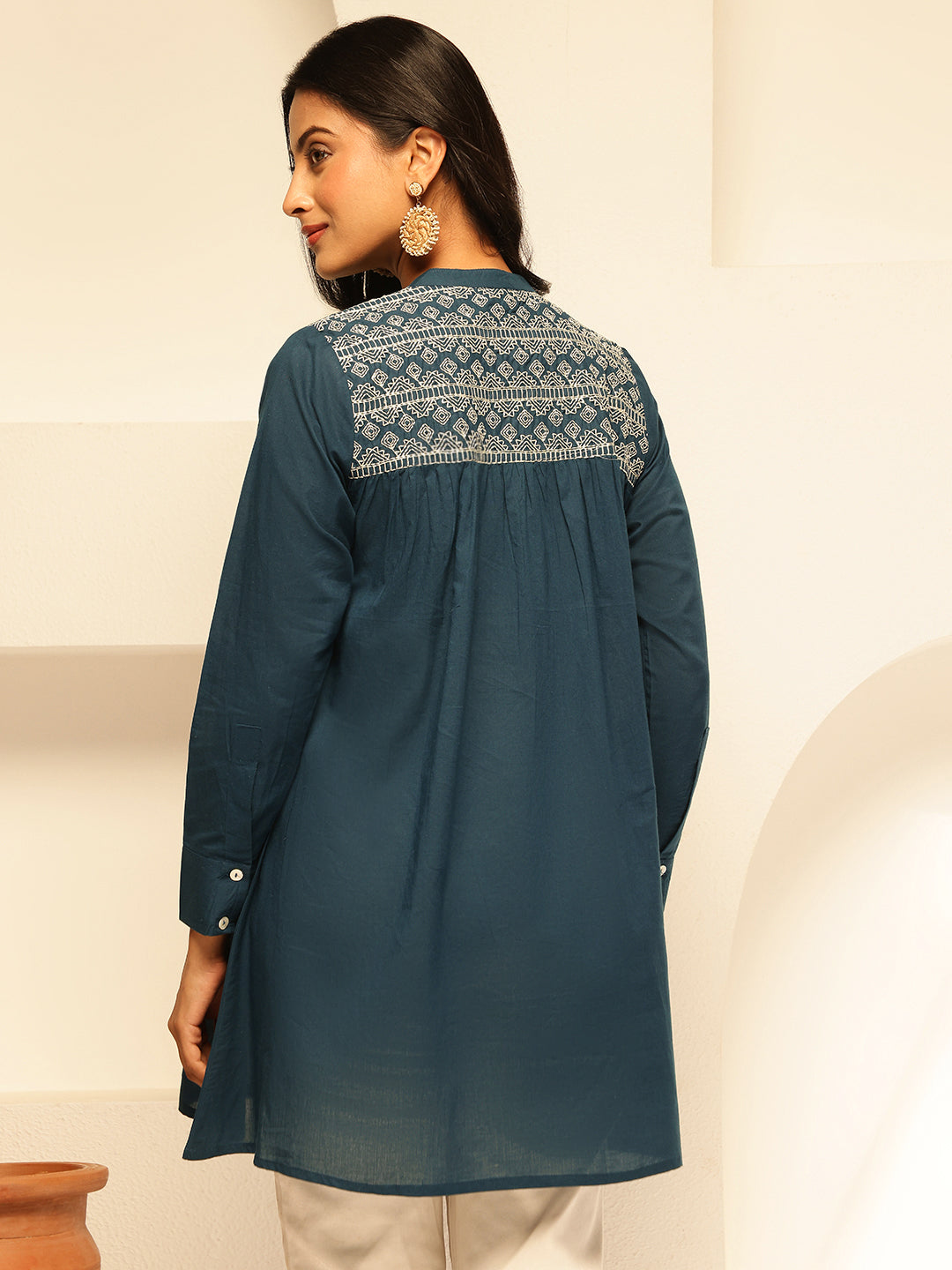 Aqua Blue Solid Fit and Flare Cotton Tunic Top