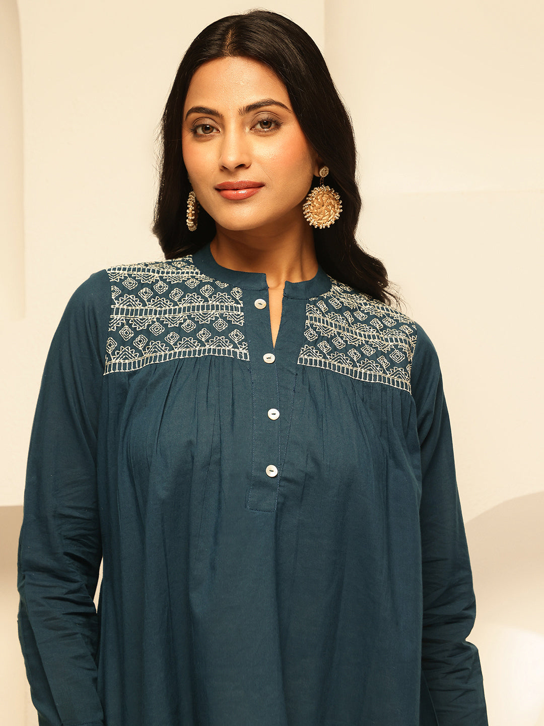 Aqua Blue Solid Fit and Flare Cotton Tunic Top