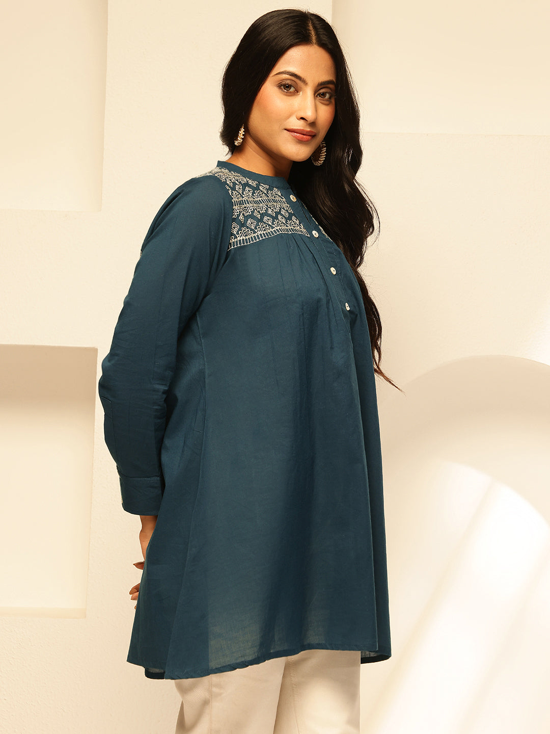Aqua Blue Solid Fit and Flare Cotton Tunic Top