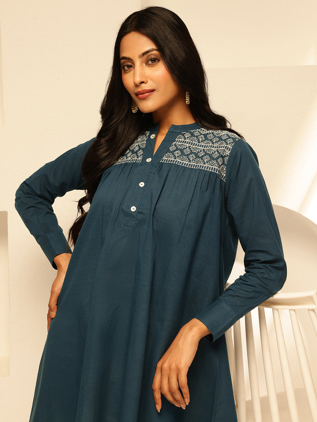 Aqua Blue Solid Fit and Flare Cotton Tunic Top