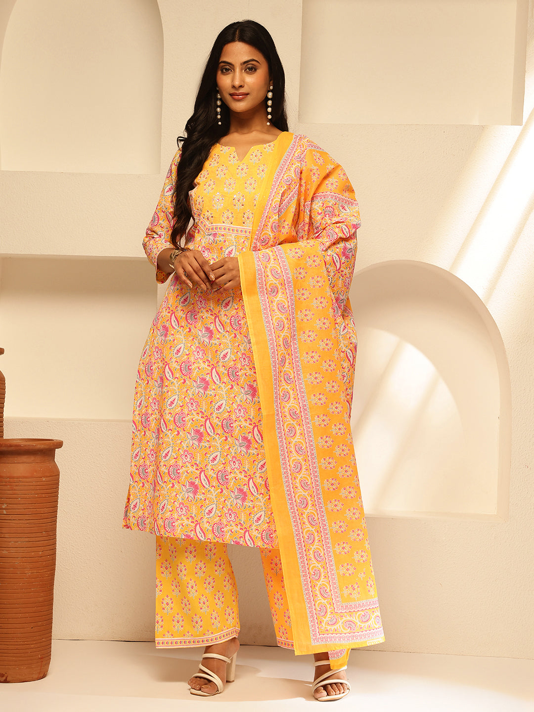 Yellow Cotton Floral Print Straight Kurta Set