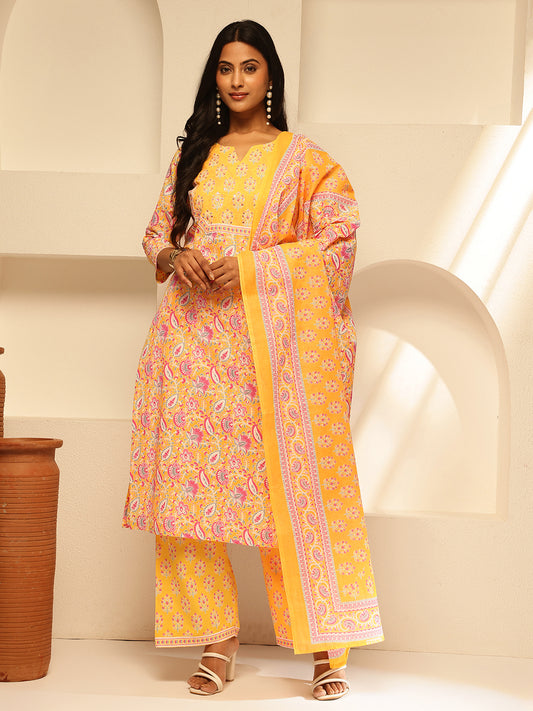 Yellow Cotton Floral Print Straight Kurta Set