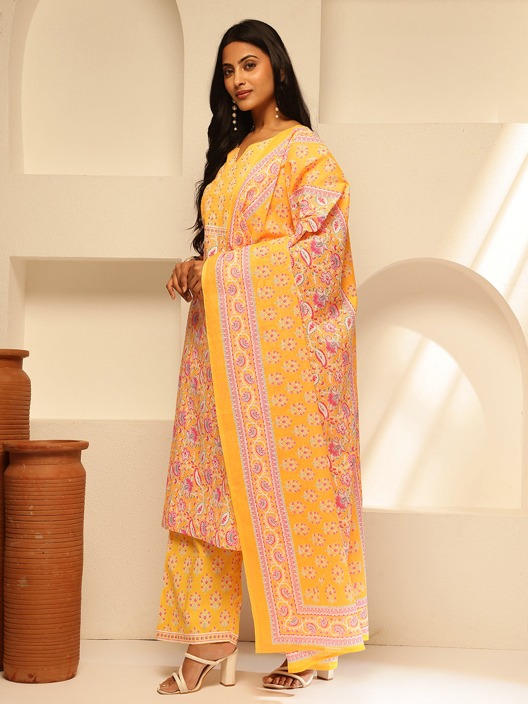 Yellow Cotton Floral Print Straight Kurta Set