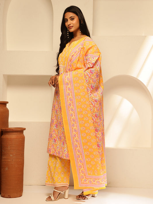 Yellow Cotton Floral Print Straight Kurta Set
