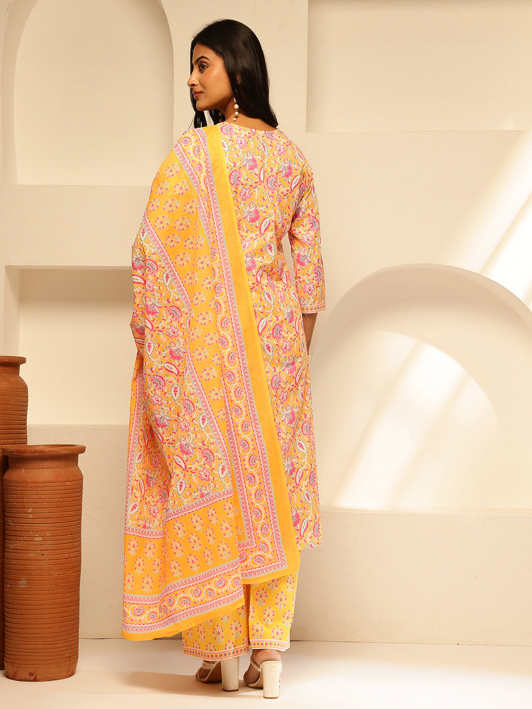 Yellow Cotton Floral Print Straight Kurta Set