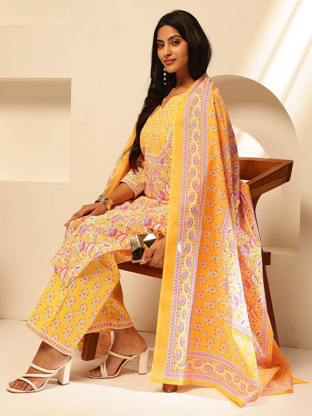 Yellow Cotton Floral Print Straight Kurta Set