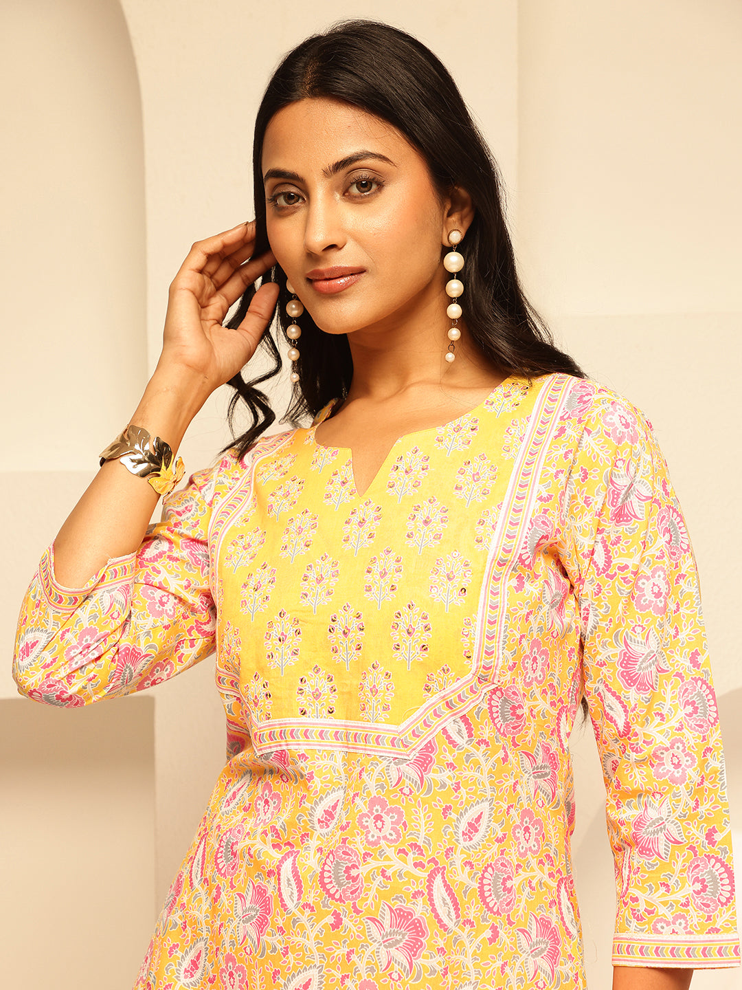 Yellow Cotton Floral Print Straight Kurta Set