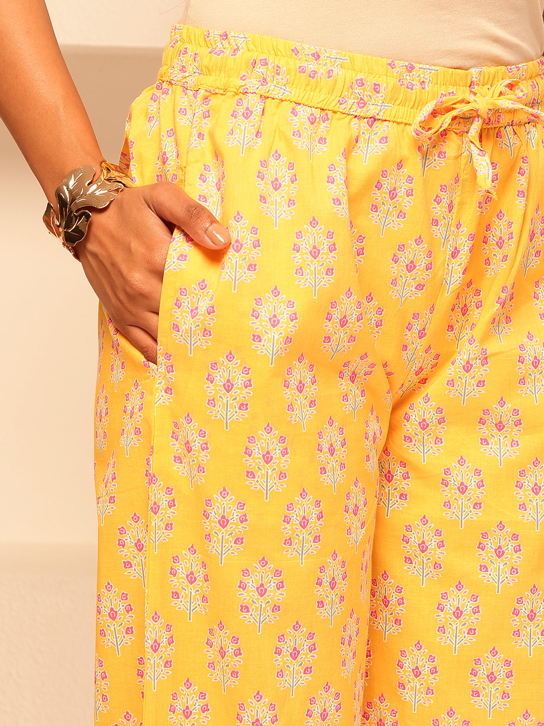 Yellow Cotton Floral Print Straight Kurta Set
